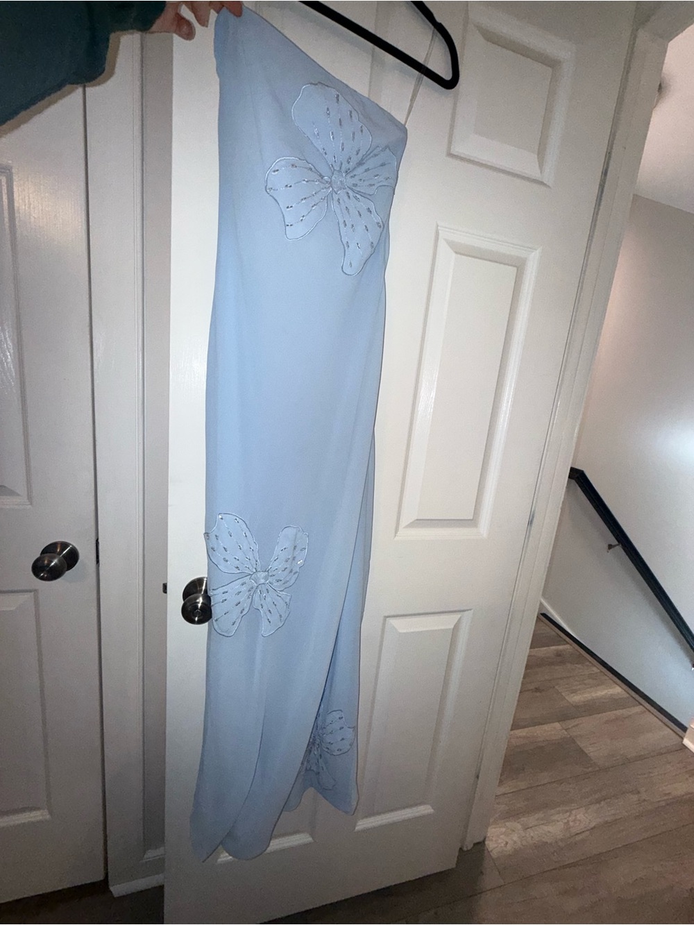 Peppermayo Pale Blue Strapless Maxi Dress with Floral Appliqué Size 2 (Short)